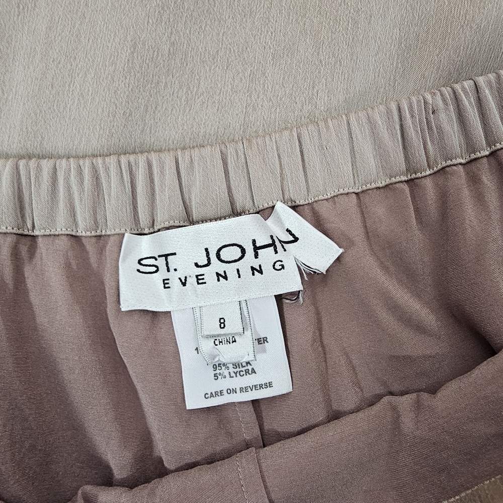 St. John Evening Wide-Leg Silk Satin Chiffon Layered Side Slit Trousers Taupe 8 - Picture 10 of 12